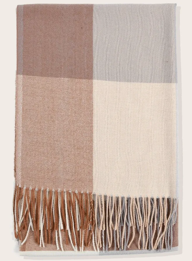 Beige & Blue Plaid Fringed Scarf