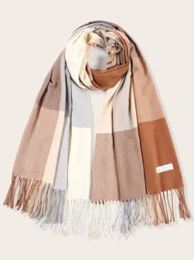 Beige & Blue Plaid Fringed Scarf