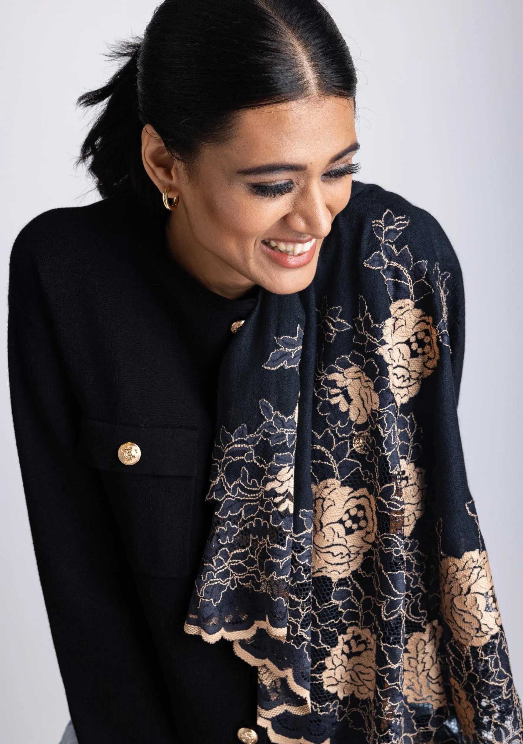 Black Cashmere Scarf with Black and Nude Chantilly Lace