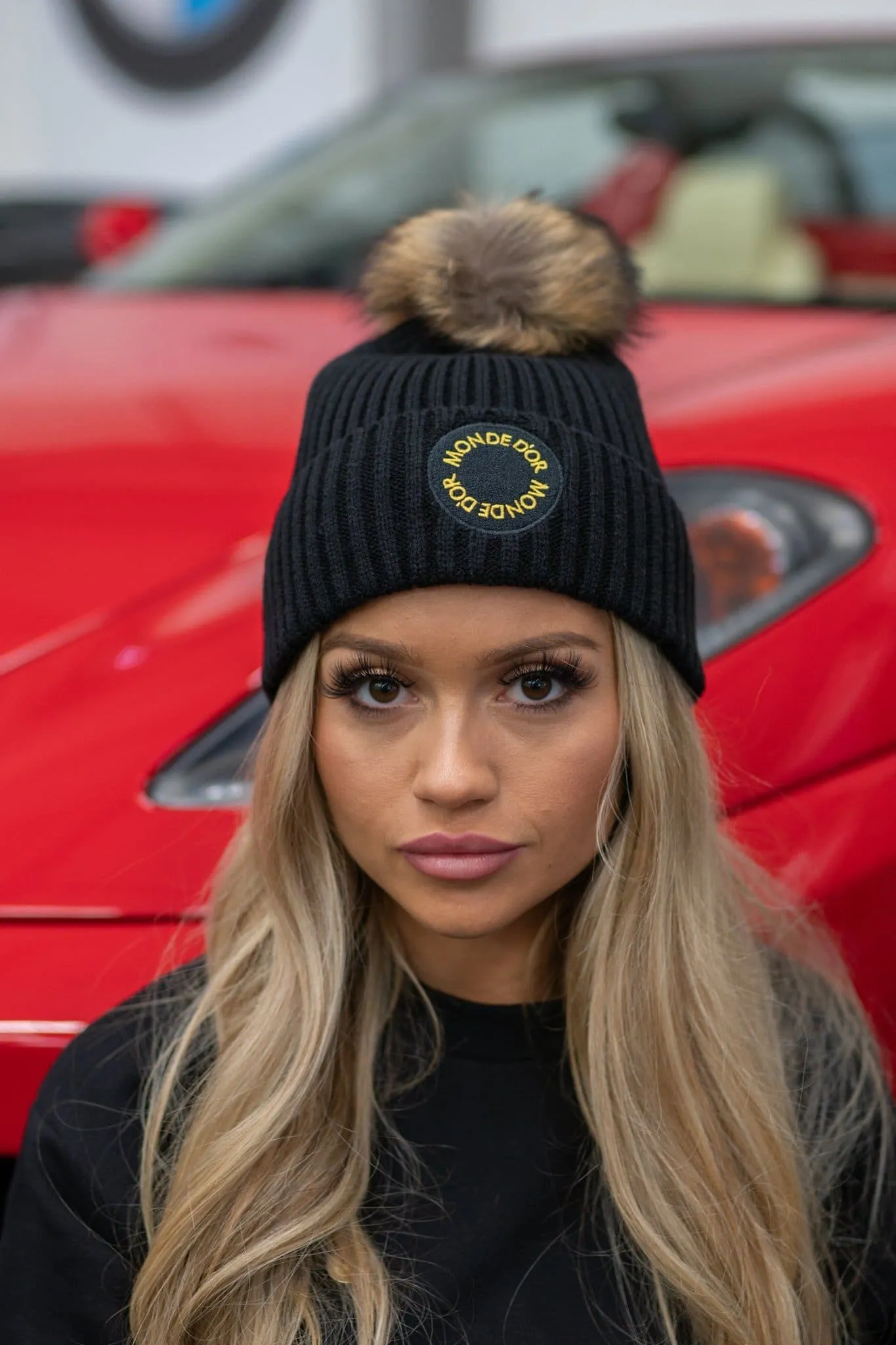 Black Faux Ribbed Bobble Hat