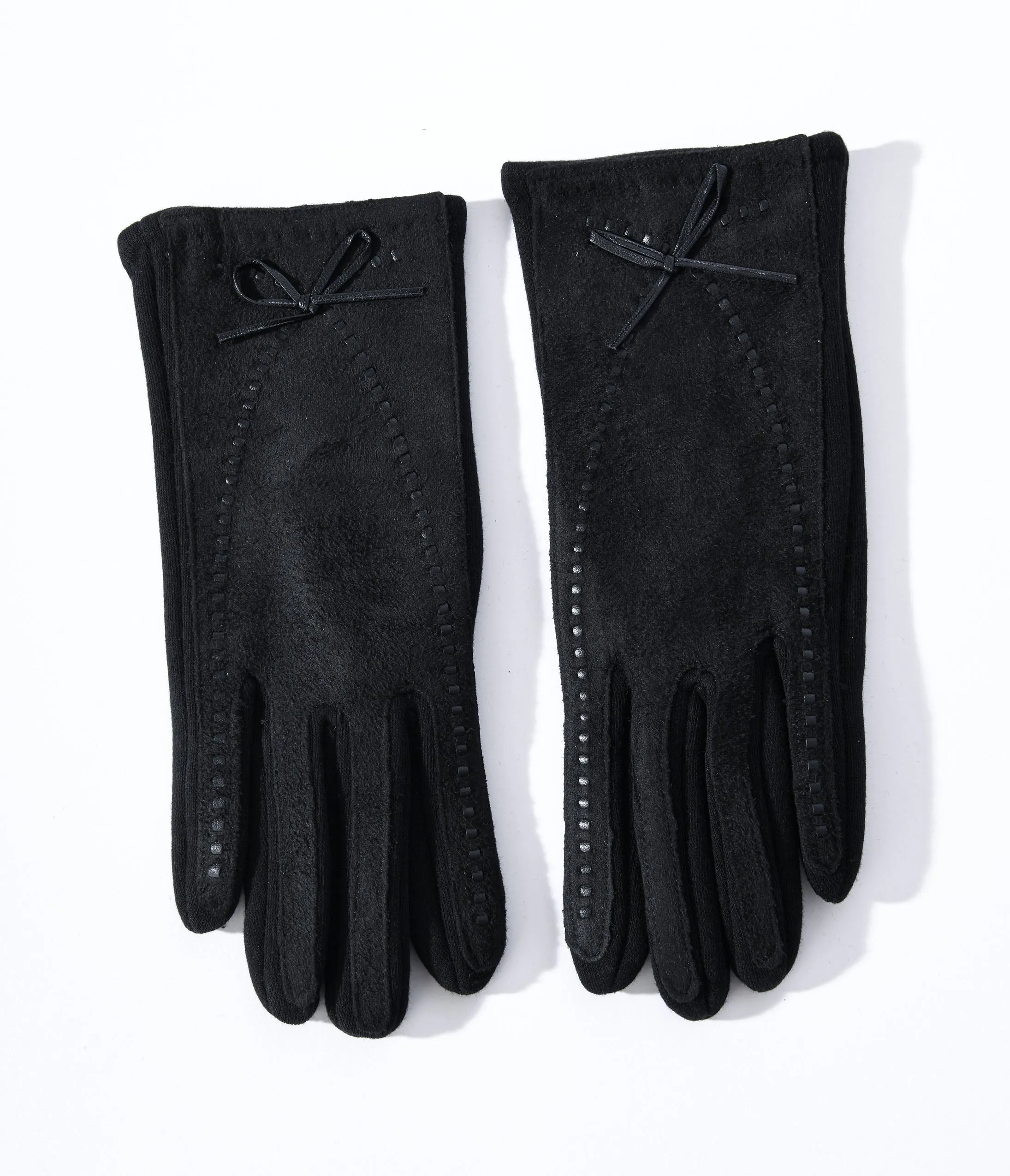 Black Leather Bow Lined Texting Gloves