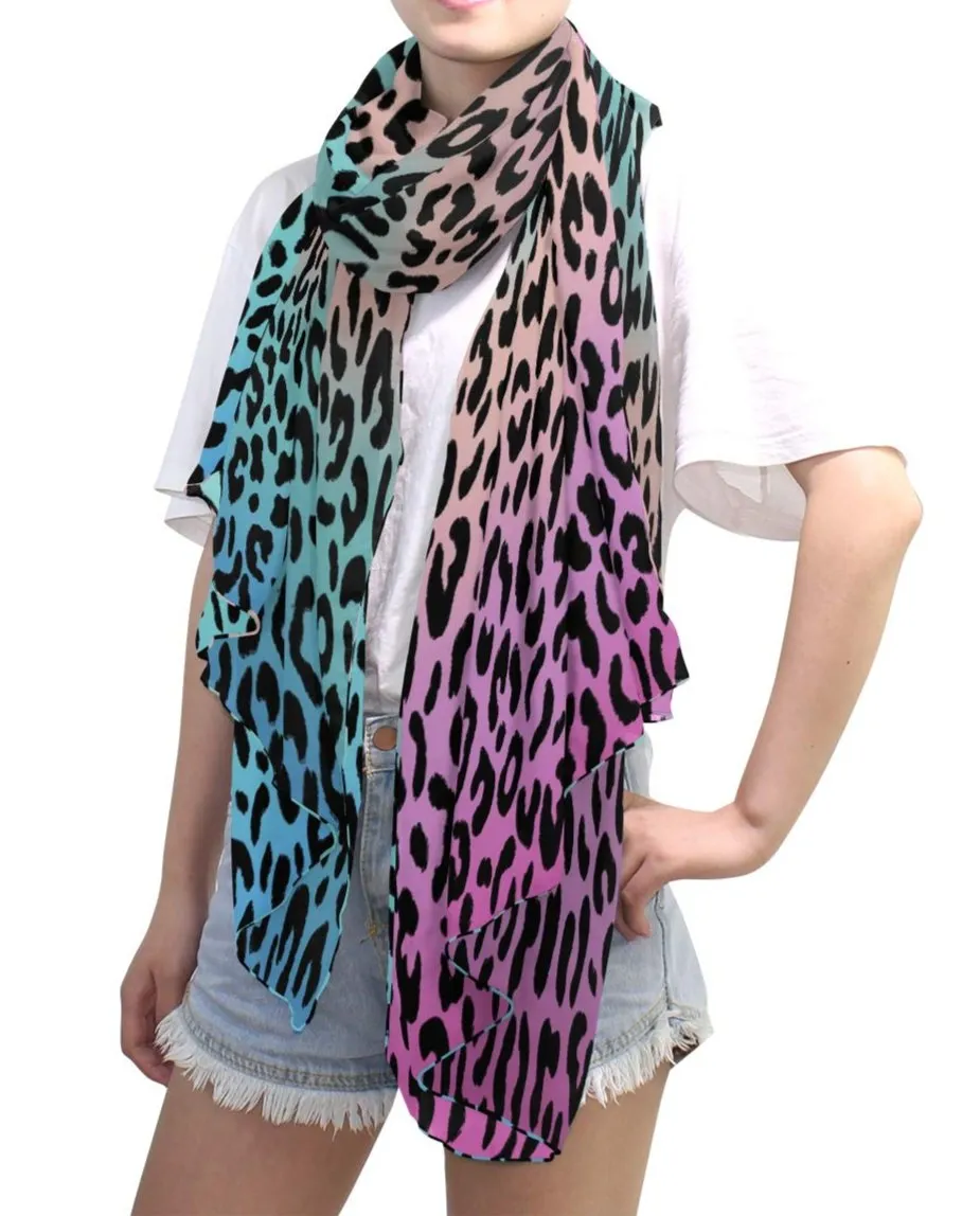 Blue Leopard Print Long Silk Scarf Shawl Wrap