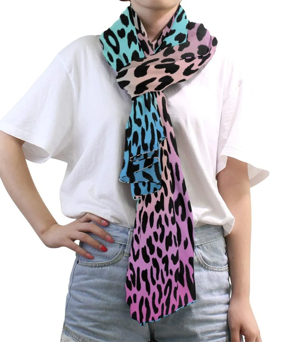 Blue Leopard Print Long Silk Scarf Shawl Wrap