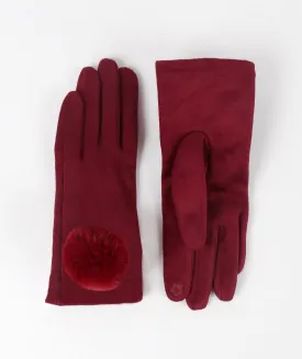 Burgundy Faux Suede Pom Pom Gloves