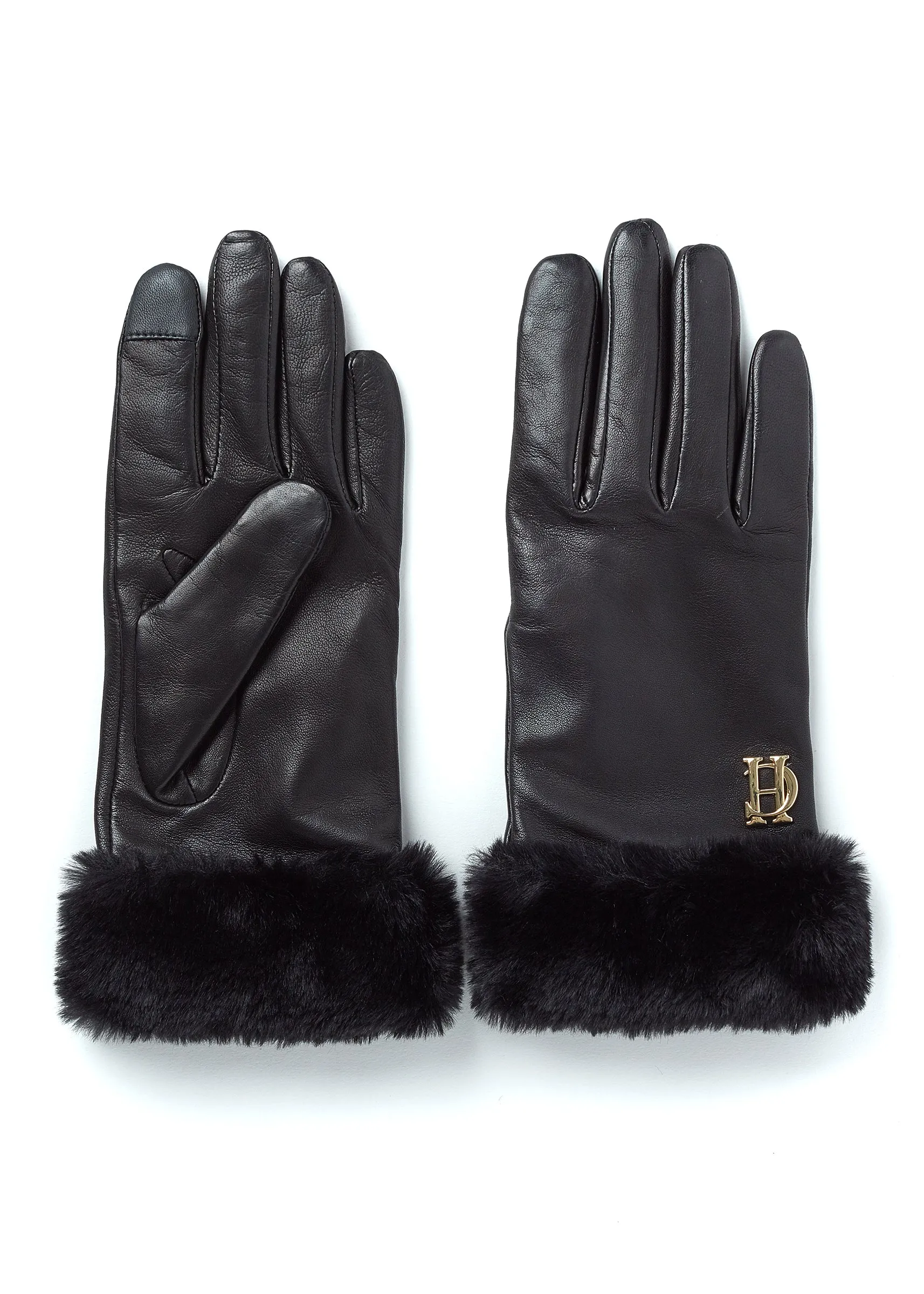 Cashmere Lined Faux Trim Leather Gloves (Black)