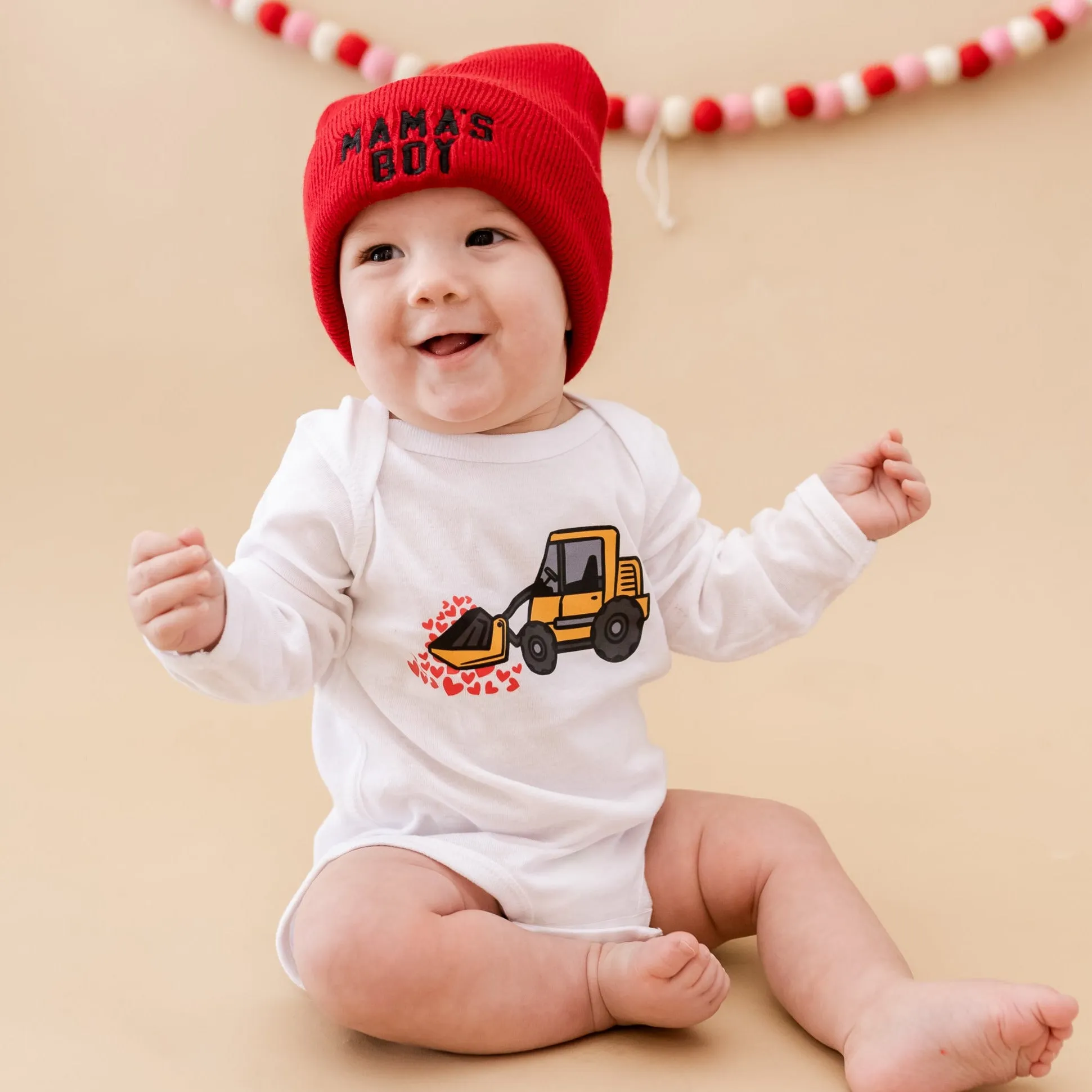 Child Beanie - MAMA'S BOY - block font - Dark Red w/ Black