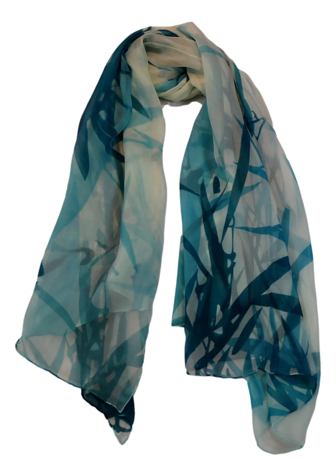 Extra Wide High Quality Silk Chiffon Scarf Blue Theme Bamboo Print SCH525