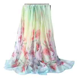 Extra Wide High Quality Silk Chiffon Scarf Light Blue and green Floral Print SCH512