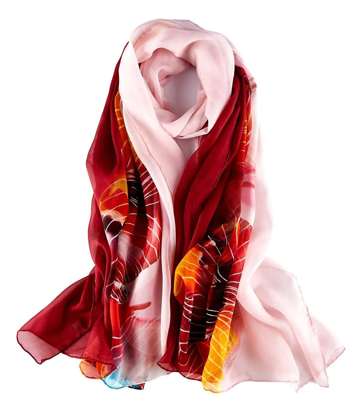 Extra Wide High Quality Silk Chiffon Scarf Red Floral Print SCH602