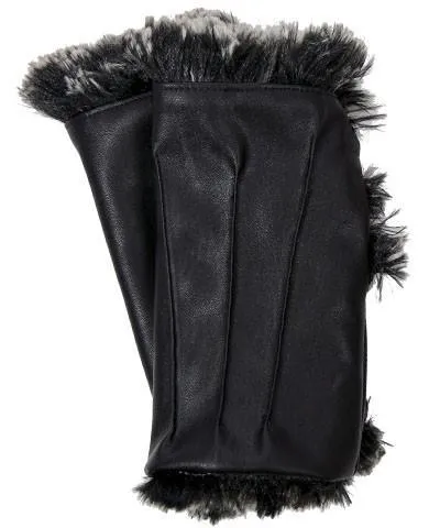 Fingerless Gloves - Vegan Black Leather lined in Fox Faux Fur