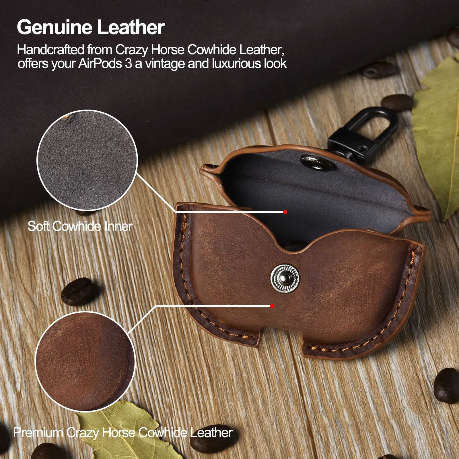 Genuine Leather Case for AirPod 3 Genration 3rd with Metal Keychain