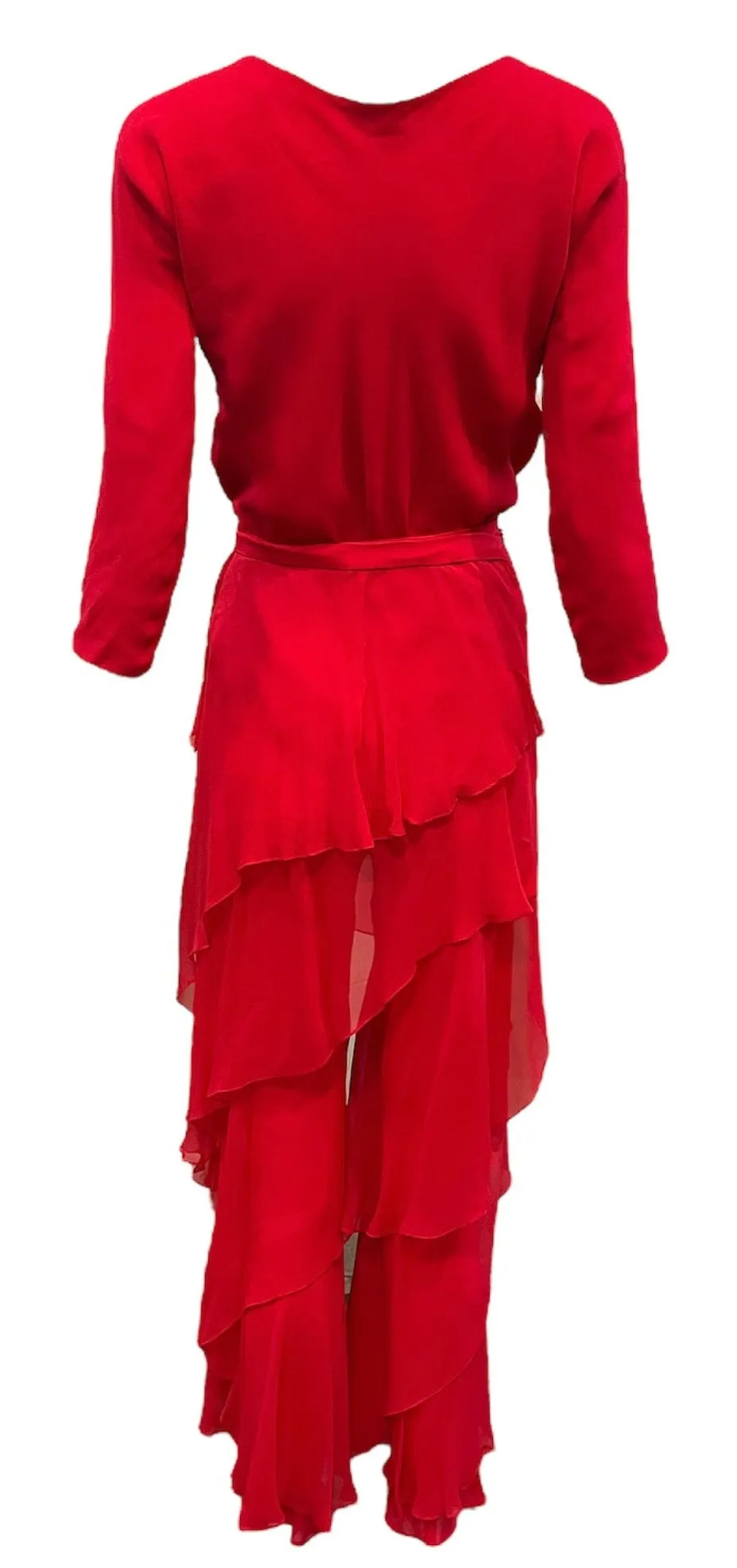 Halston 1970s Lipstick Red Chiffon Ruffled Ensemble with Pants