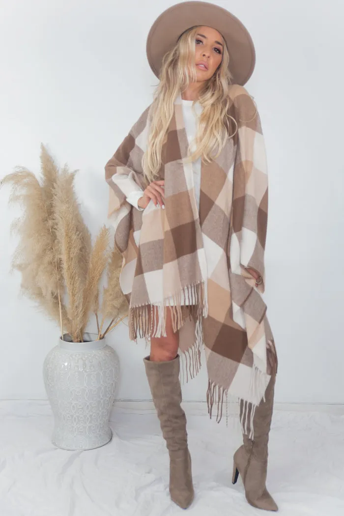 Plaid Poncho - Beige