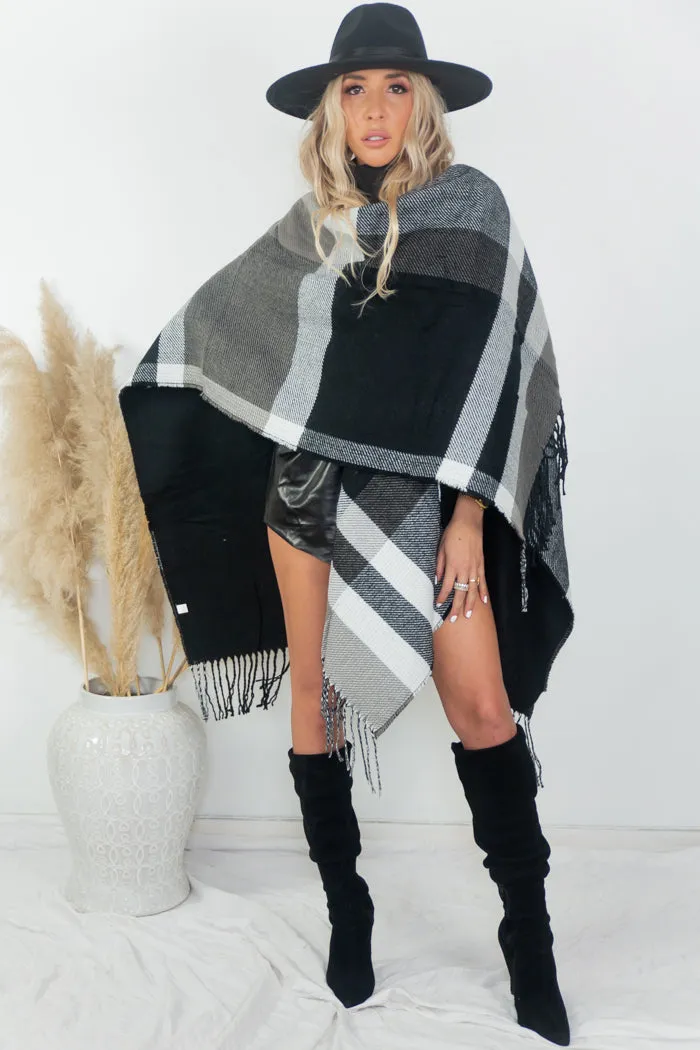 Plaid Poncho - Black