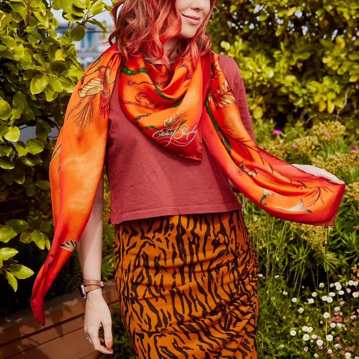 Quetzal Silk Chiffon Scarf - Red Leopard Winter Blue