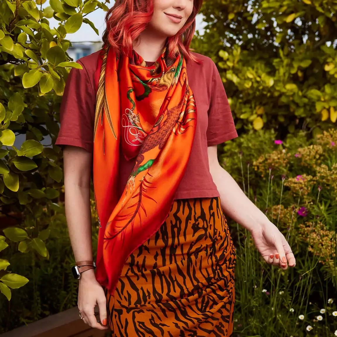 Quetzal Silk Chiffon Scarf - Red Leopard Winter Blue