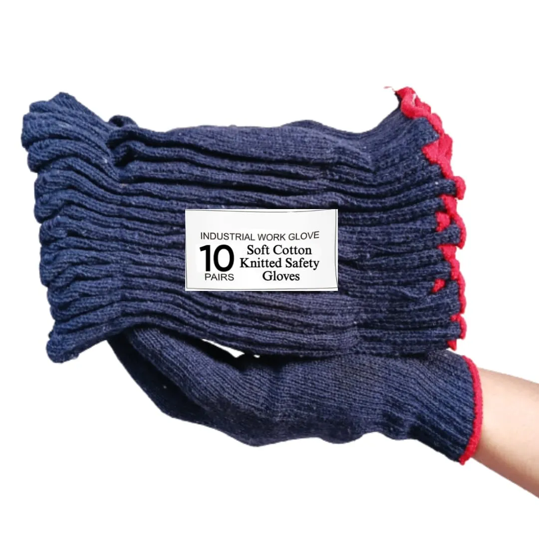 STYLERA Cotton Knitted Safety Protection Grip Work Gloves for Painter Machanic Industrial Warehouse Gardening Men Women Industry Protect Knitted Cotton Work Gloves (PACK OF 10 PAIR, BLUE KNITTED)