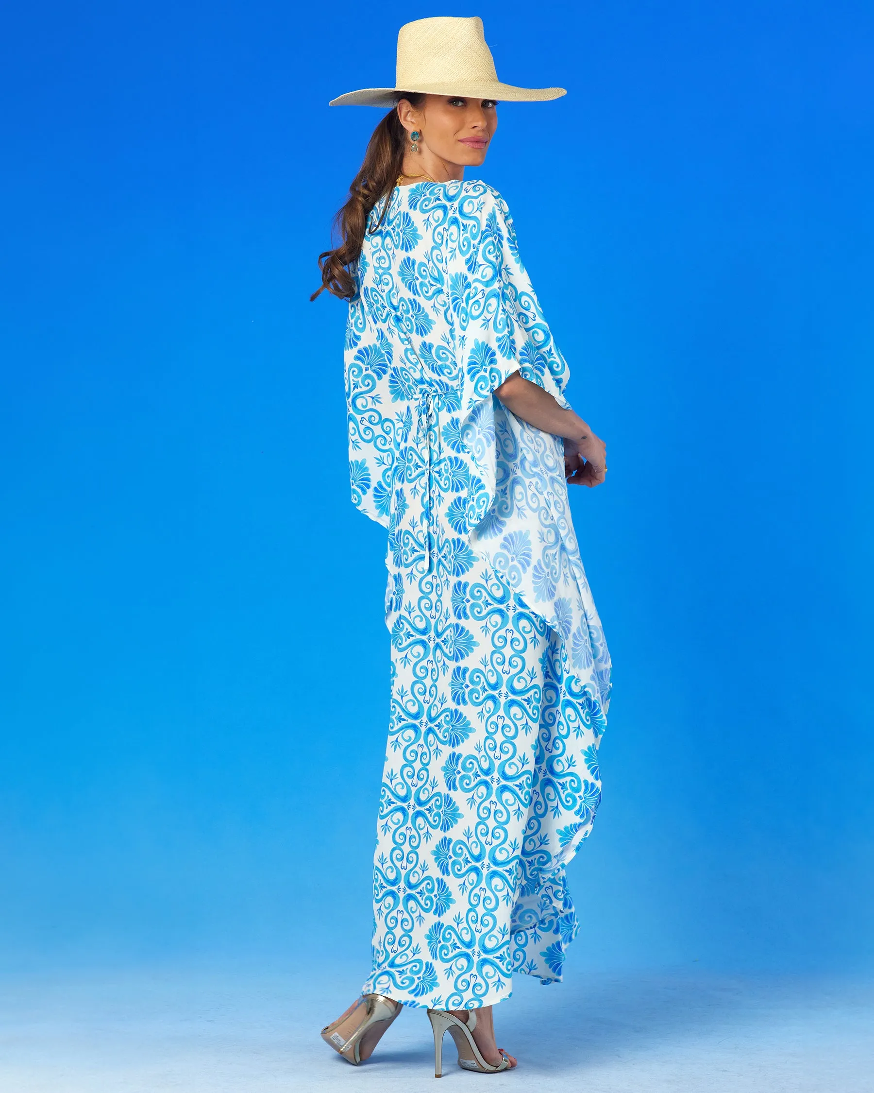 Thetis Cinched Long Kaftan in Blue and White