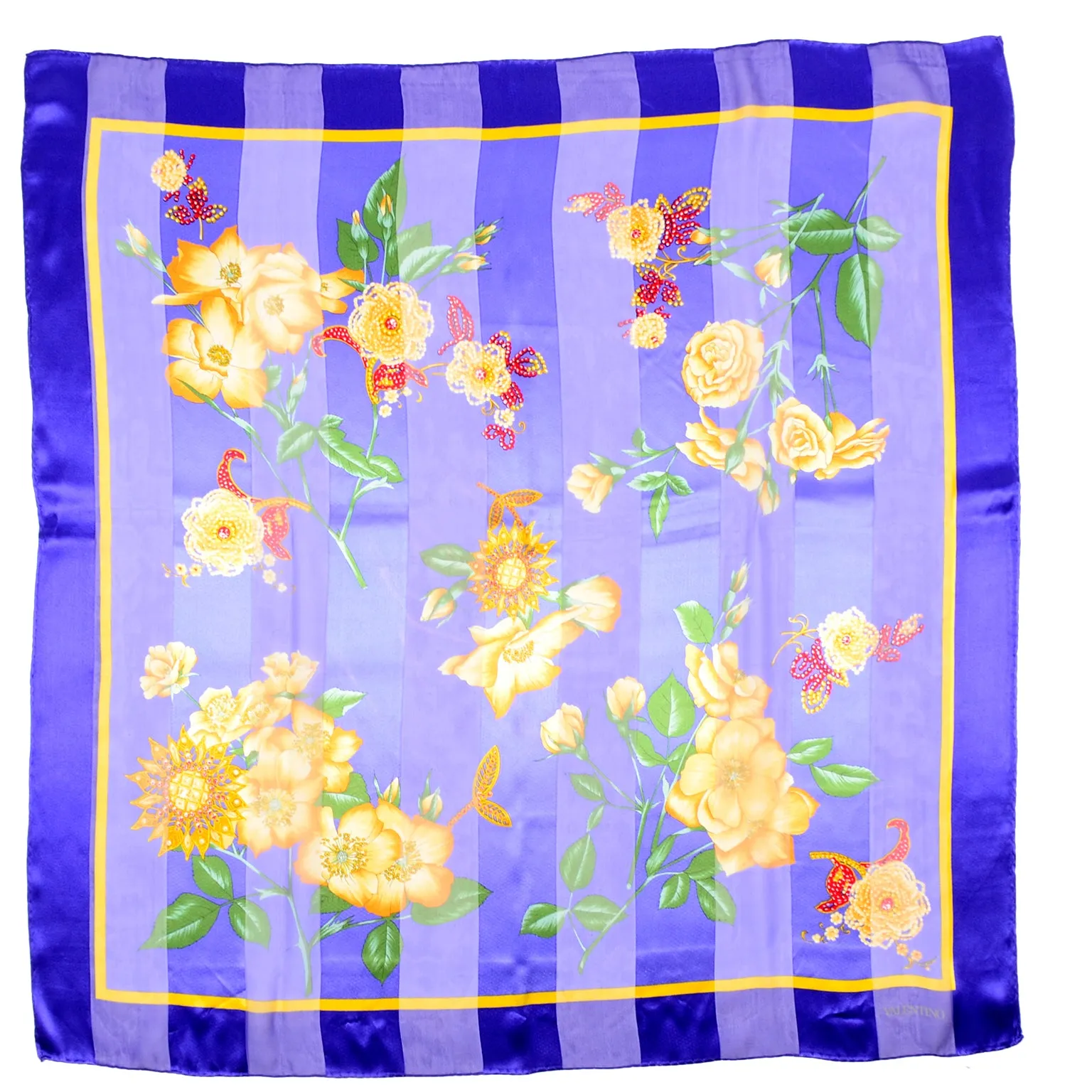 Valentino Purple Silk Scarf in Yellow Gold Floral Print