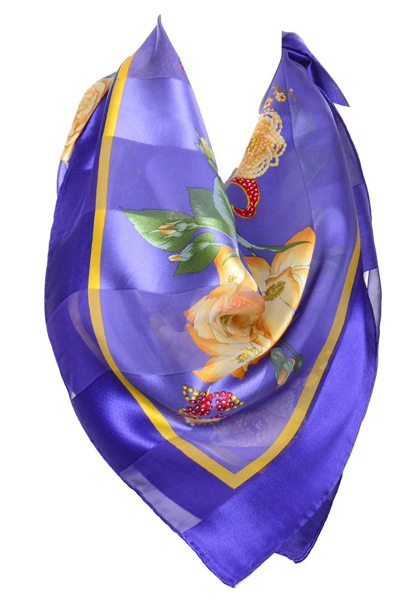 Valentino Purple Silk Scarf in Yellow Gold Floral Print