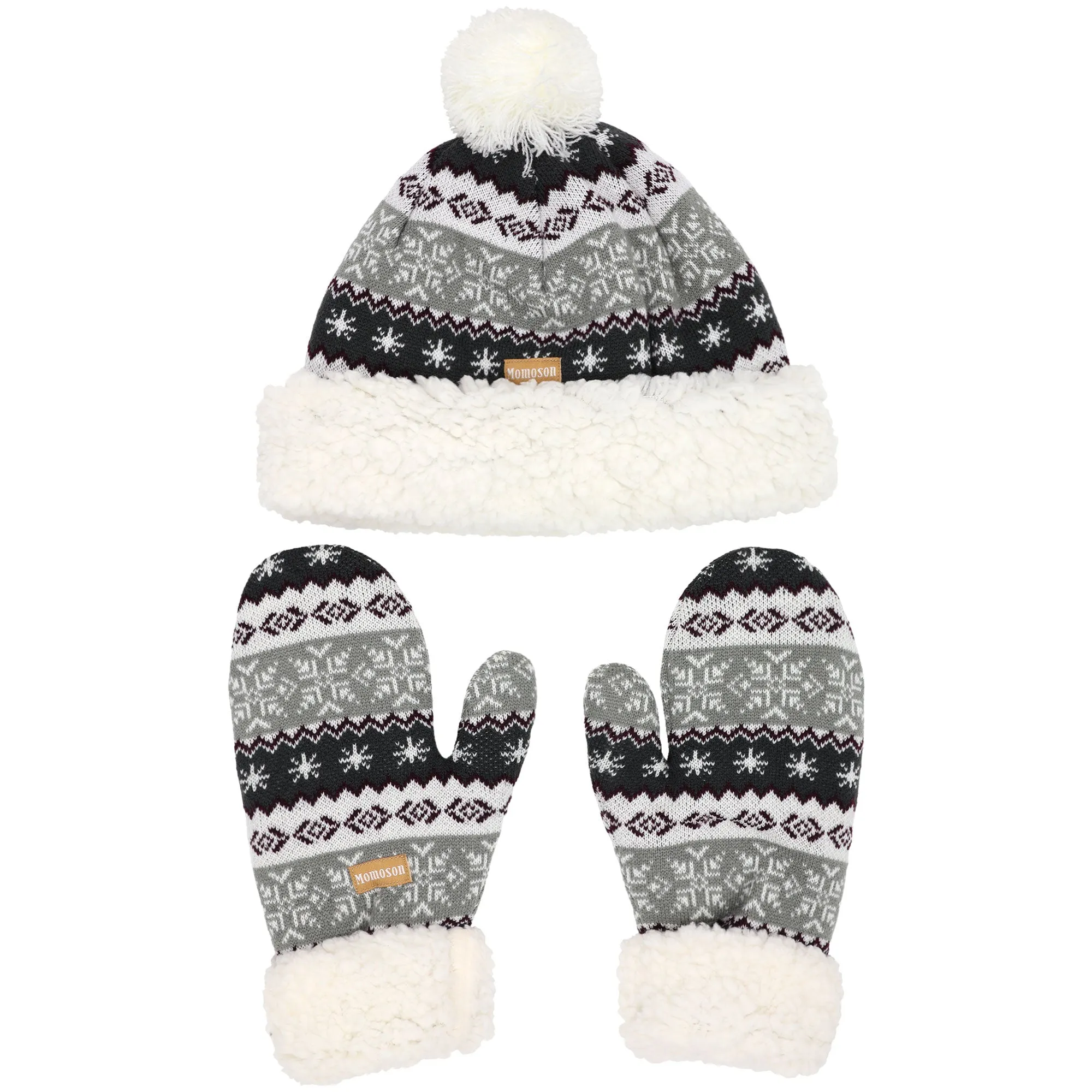 Women's Classic Winter Fleeced Thermal Pom Pom Beanie Hat and Mittens Set